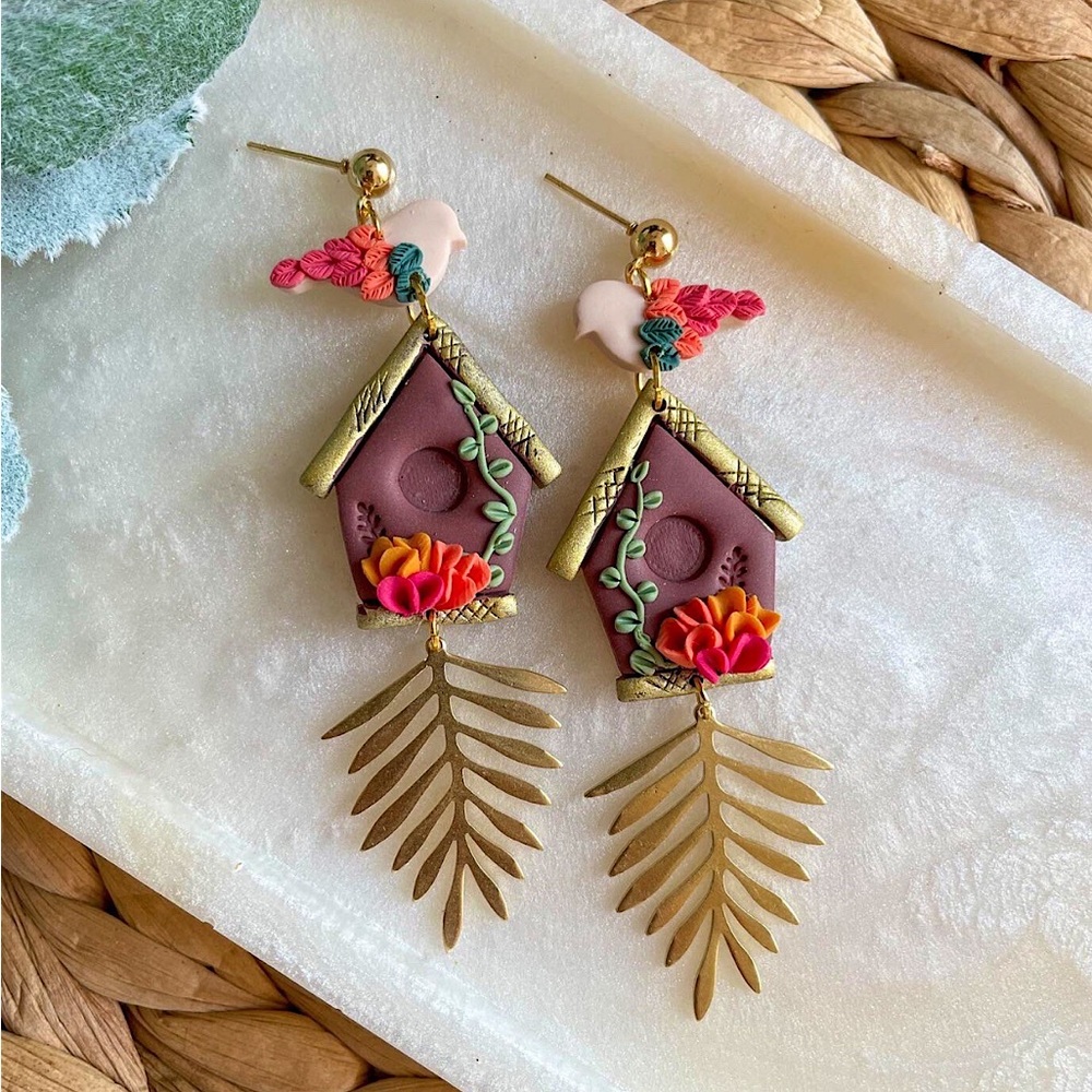 Polymer Clay Bird House Earrings 🪶 Handmade with Love 🪺